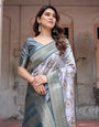 Sophisticated Lilac Banarasi Silk Saree with Floral Prints and Zari Tassel Border