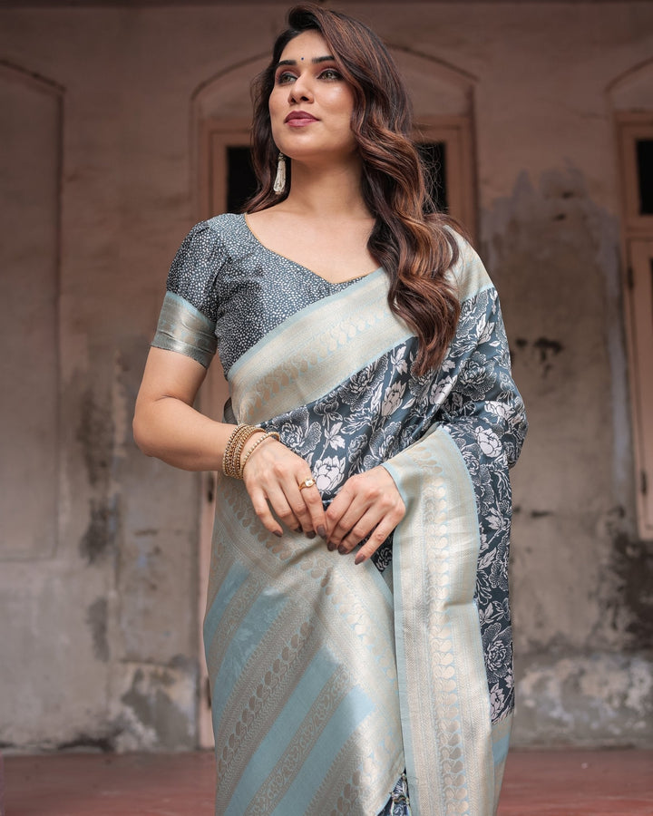 Pure Banarasi Digitally Printed Silk Saree Weaved With Zari Comes With Tassels - Almaari Fashion