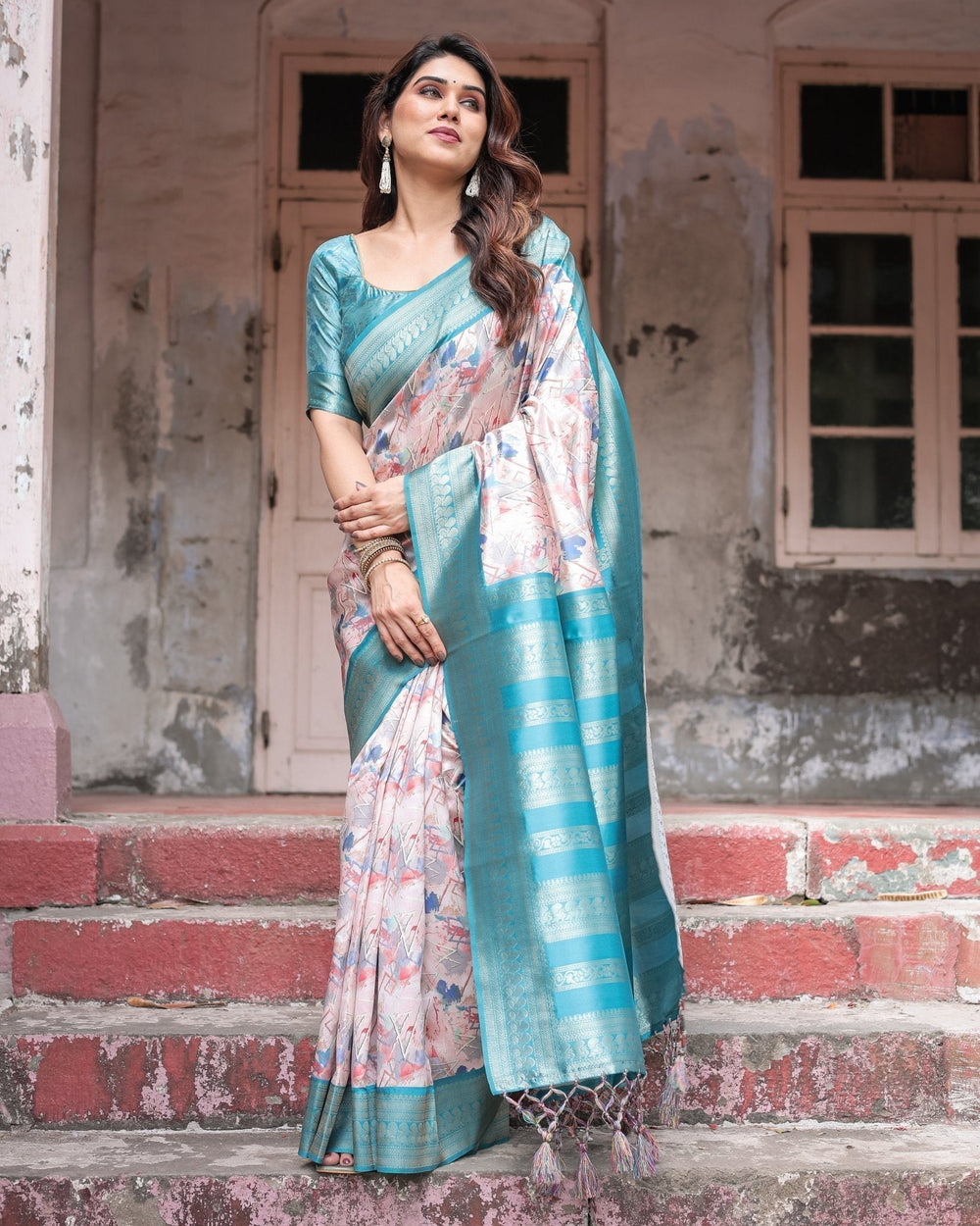 Pure Banarasi Digitally Printed Silk Saree Weaved With Zari Comes With Tassels - Almaari Fashion