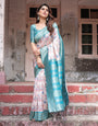 Mesmerizing Aqua Banarasi Silk Saree with Digital Print and Tassels