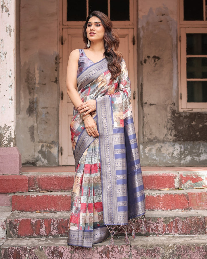 Pure Banarasi Digitally Printed Silk Saree Weaved With Zari Comes With Tassels - Almaari Fashion