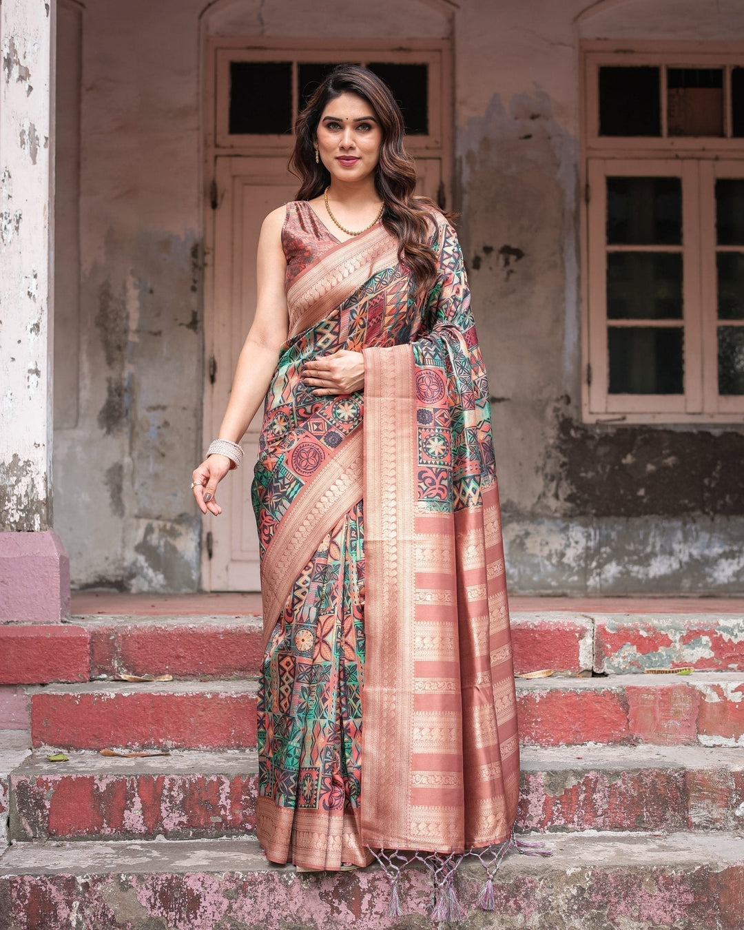 Pure Banarasi Digitally Printed Silk Saree Weaved With Zari Comes With Tassels - Almaari Fashion