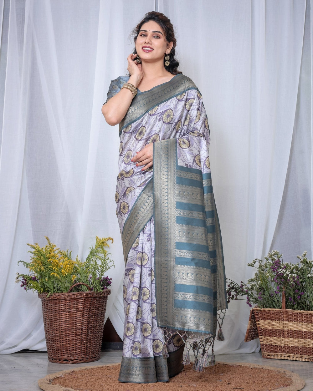 Pure Banarasi Digitally Printed Silk Saree Weaved With Zari Comes With Tassels. - Almaari Fashion