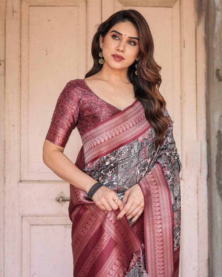 Pure Banarasi Digitally Printed Silk Saree Weaved With Zari Comes With Tassels. - Almaari Fashion