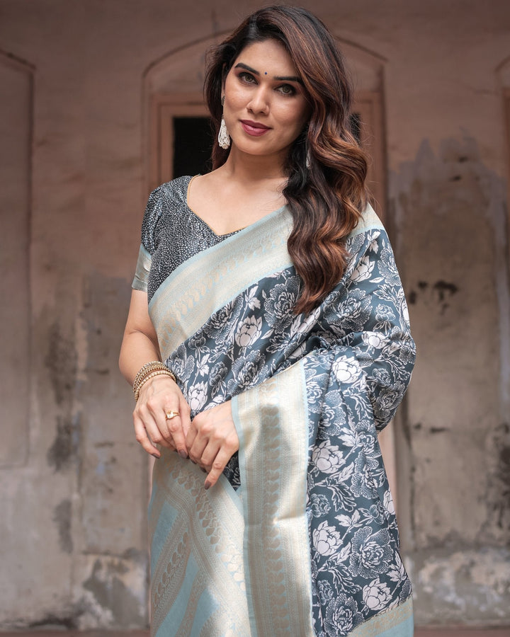 Pure Banarasi Digitally Printed Silk Saree Weaved With Zari Comes With Tassels - Almaari Fashion