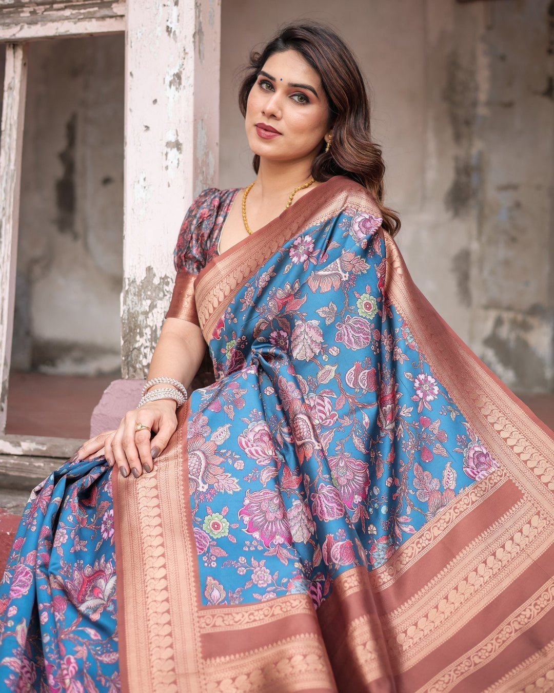 Pure Banarasi Digitally Printed Silk Saree Weaved With Zari Comes With Tassels - Almaari Fashion