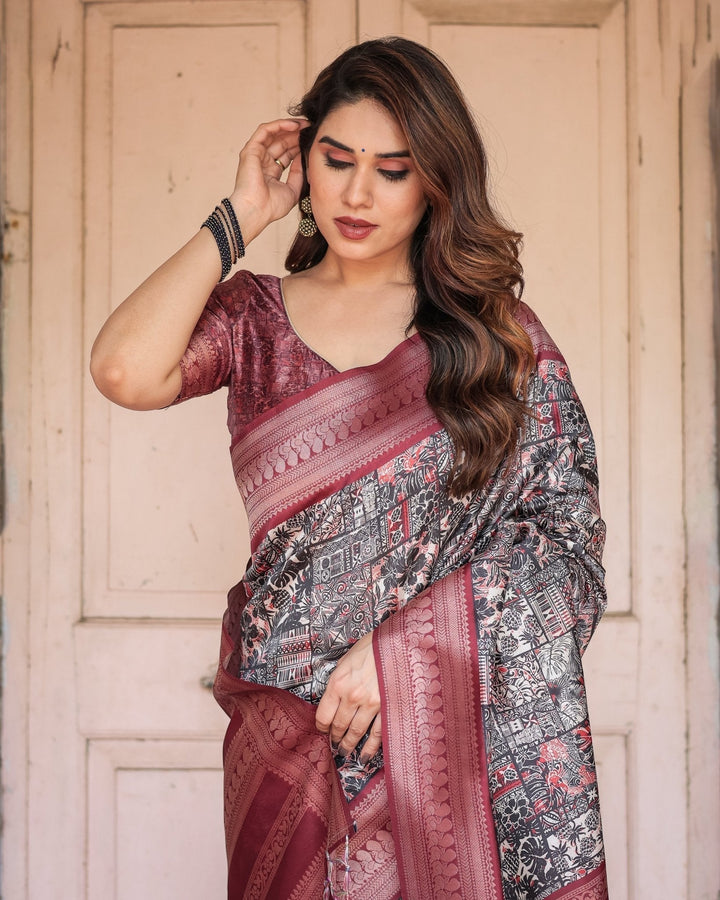 Pure Banarasi Digitally Printed Silk Saree Weaved With Zari Comes With Tassels. - Almaari Fashion