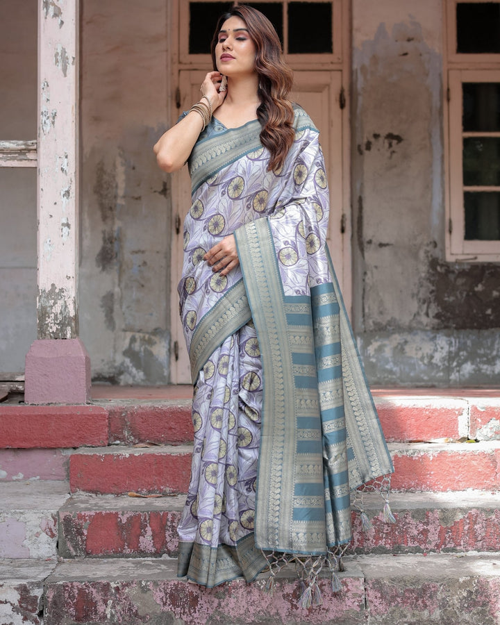 Pure Banarasi Digitally Printed Silk Saree Weaved With Zari Comes With Tassels - Almaari Fashion