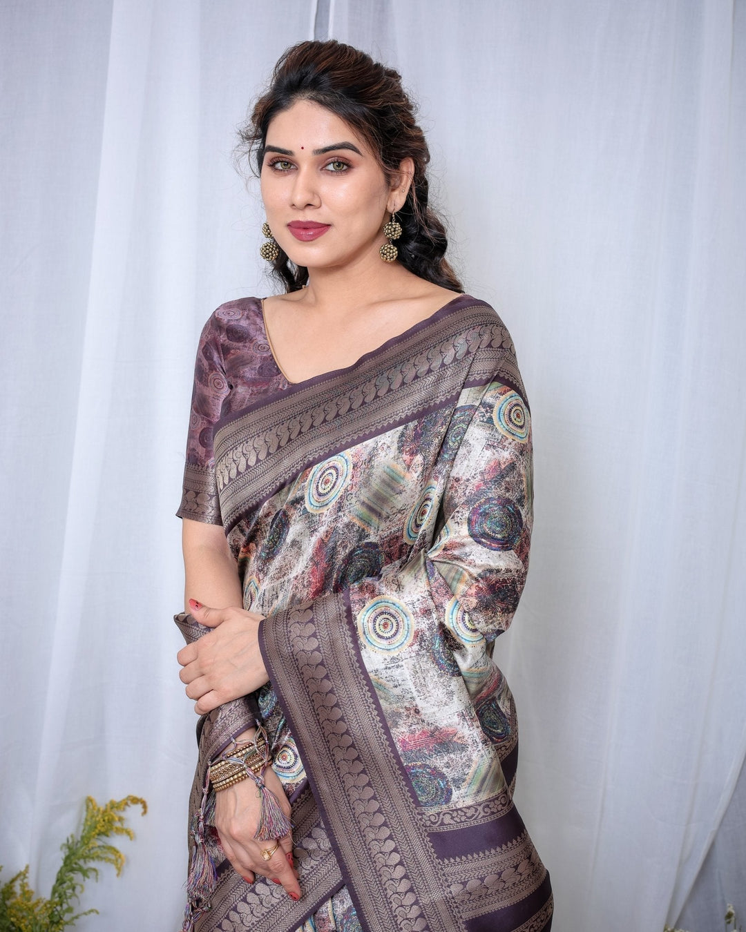 Pure Banarasi Digitally Printed Silk Saree Weaved With Zari Comes With Tassels. - Almaari Fashion