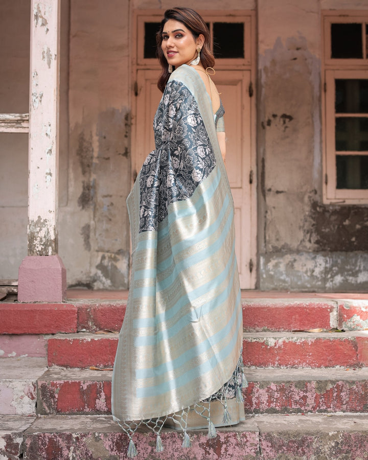 Pure Banarasi Digitally Printed Silk Saree Weaved With Zari Comes With Tassels - Almaari Fashion