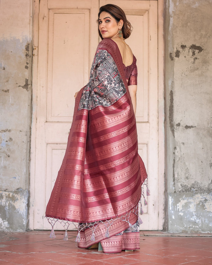 Pure Banarasi Digitally Printed Silk Saree Weaved With Zari Comes With Tassels. - Almaari Fashion