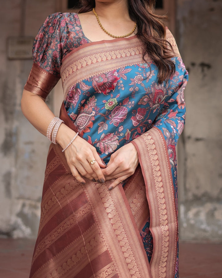 Pure Banarasi Digitally Printed Silk Saree Weaved With Zari Comes With Tassels - Almaari Fashion