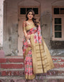 Gold Banarasi Silk Saree with Bold Floral Print and Intricate Zari Border