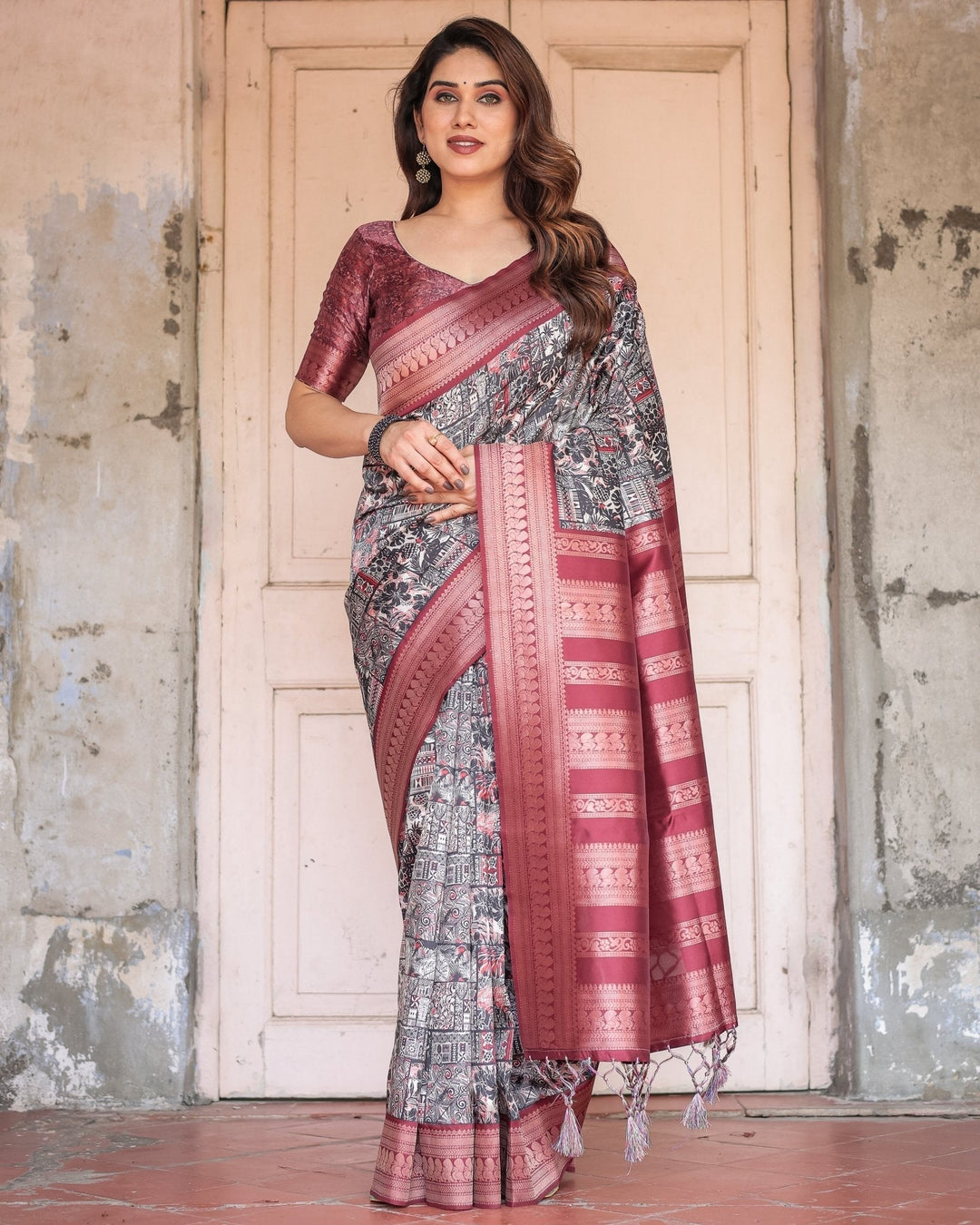 Pure Banarasi Digitally Printed Silk Saree Weaved With Zari Comes With Tassels. - Almaari Fashion