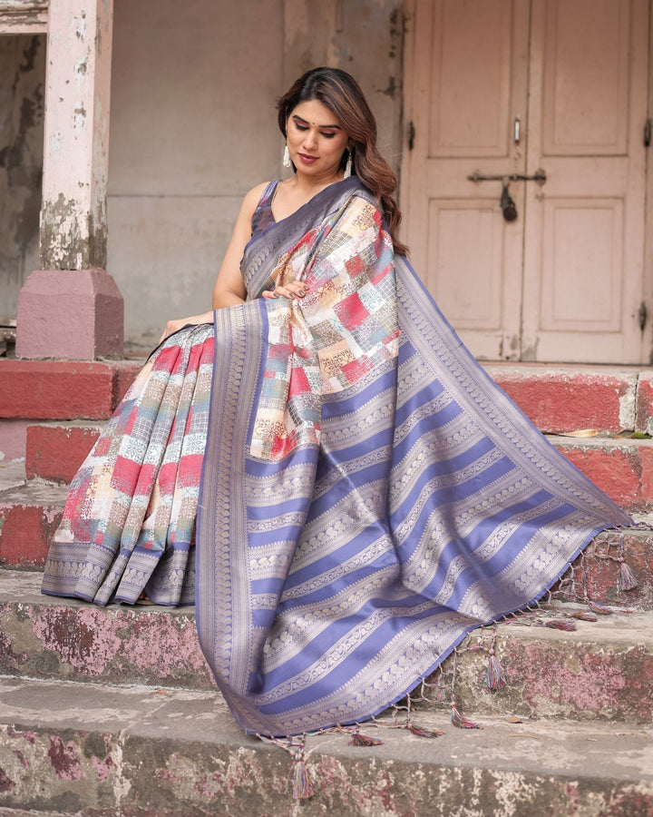 Pure Banarasi Digitally Printed Silk Saree Weaved With Zari Comes With Tassels - Almaari Fashion