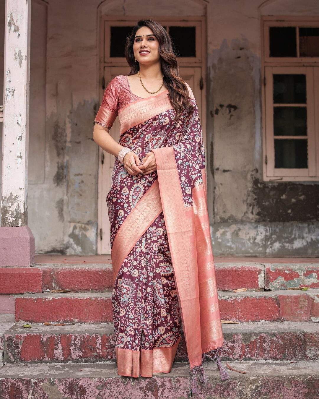 Pure Banarasi Digitally Printed Silk Saree Weaved With Zari Comes With Tassels - Almaari Fashion