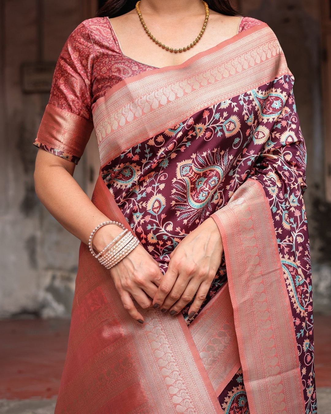 Pure Banarasi Digitally Printed Silk Saree Weaved With Zari Comes With Tassels - Almaari Fashion