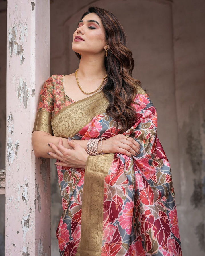 Pure Banarasi Digitally Printed Silk Saree Weaved With Zari Comes With Tassels - Almaari Fashion