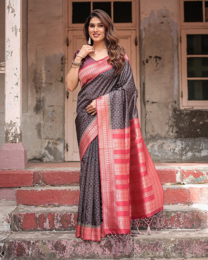 Pure Banarasi Digitally Printed Silk Saree Weaved With Zari Comes With Tassels - Almaari Fashion