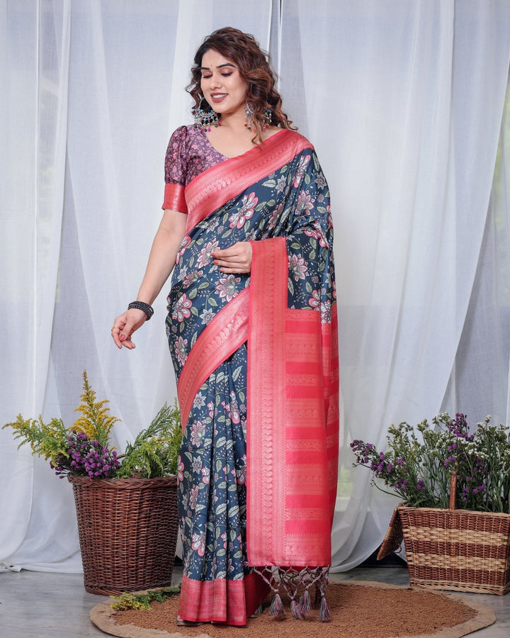 Pure Banarasi Digitally Printed Silk Saree Weaved With Zari Comes With Tassels. - Almaari Fashion