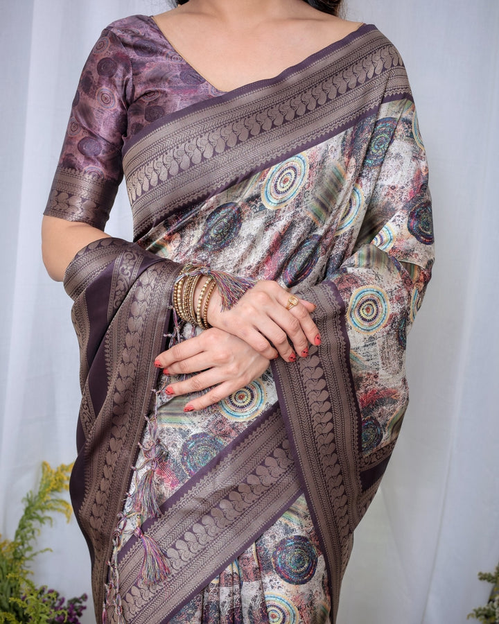 Pure Banarasi Digitally Printed Silk Saree Weaved With Zari Comes With Tassels. - Almaari Fashion