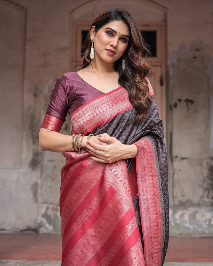 Pure Banarasi Digitally Printed Silk Saree Weaved With Zari Comes With Tassels - Almaari Fashion