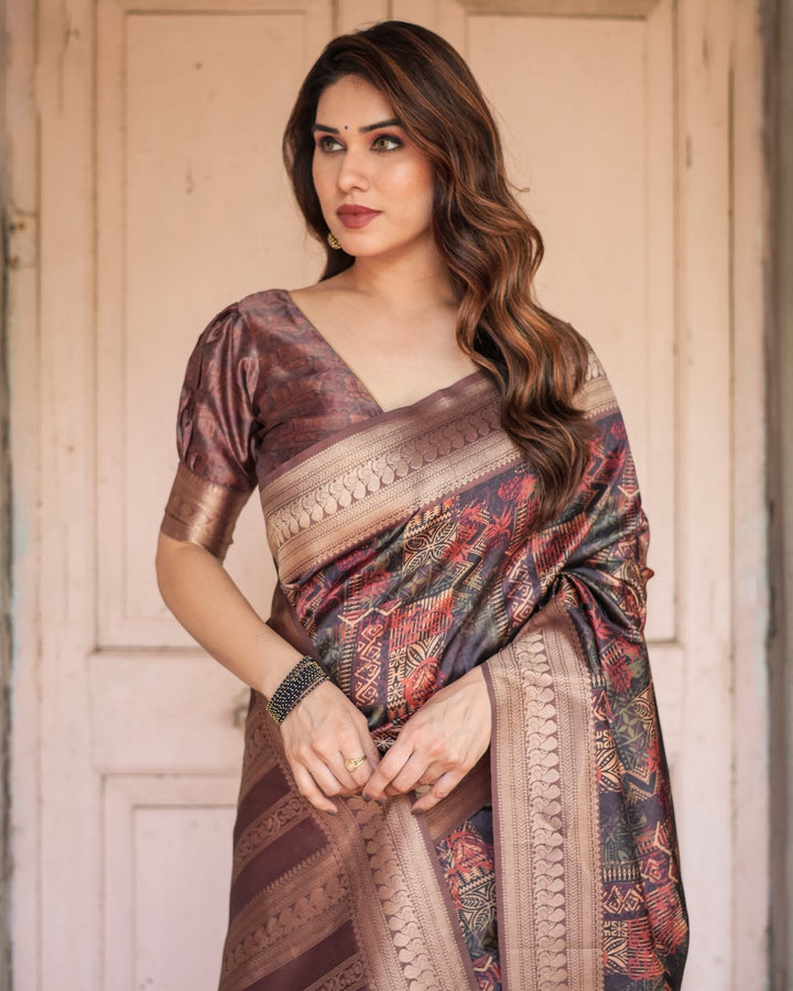 Pure Banarasi Digitally Printed Silk Saree Weaved With Zari Comes With Tassels. - Almaari Fashion