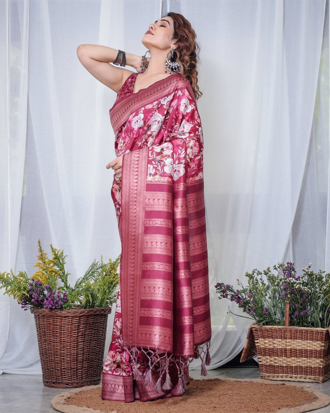 Pure Banarasi Digitally Printed Silk Saree Weaved With Zari Comes With Tassels. - Almaari Fashion