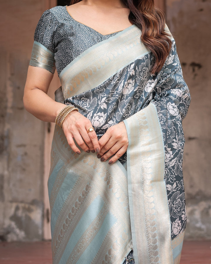 Pure Banarasi Digitally Printed Silk Saree Weaved With Zari Comes With Tassels - Almaari Fashion