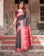 Black Banarasi Silk Saree with Intricate Pink Zari Border & Traditional Motifs