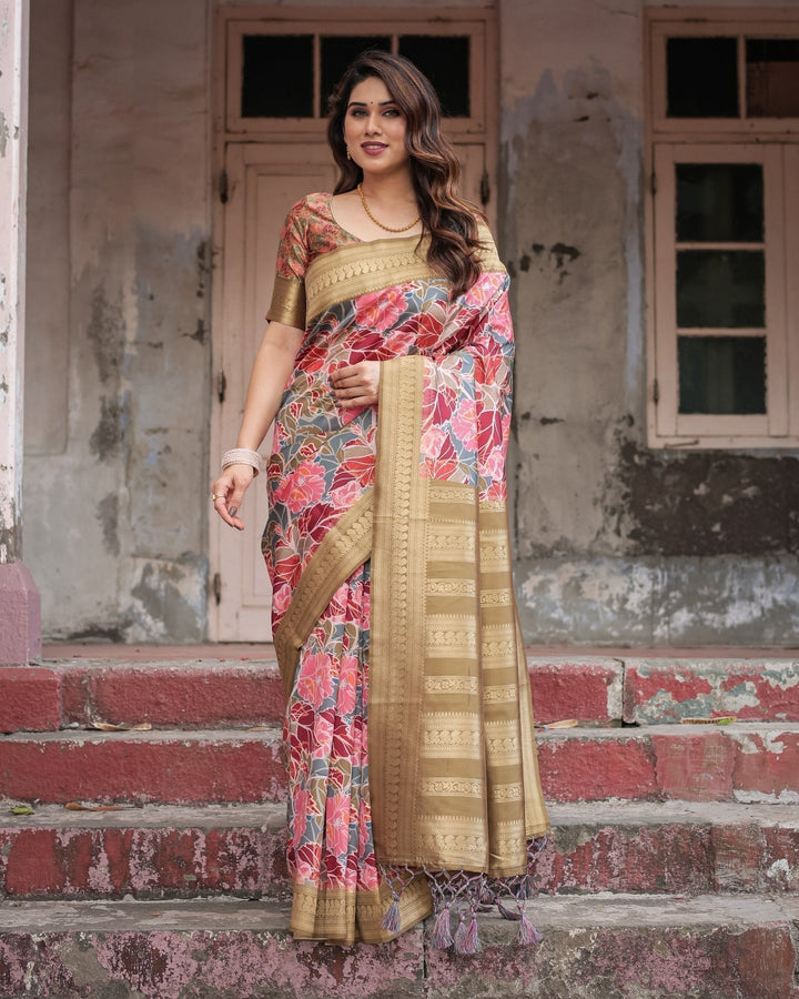 Pure Banarasi Digitally Printed Silk Saree Weaved With Zari Comes With Tassels - Almaari Fashion