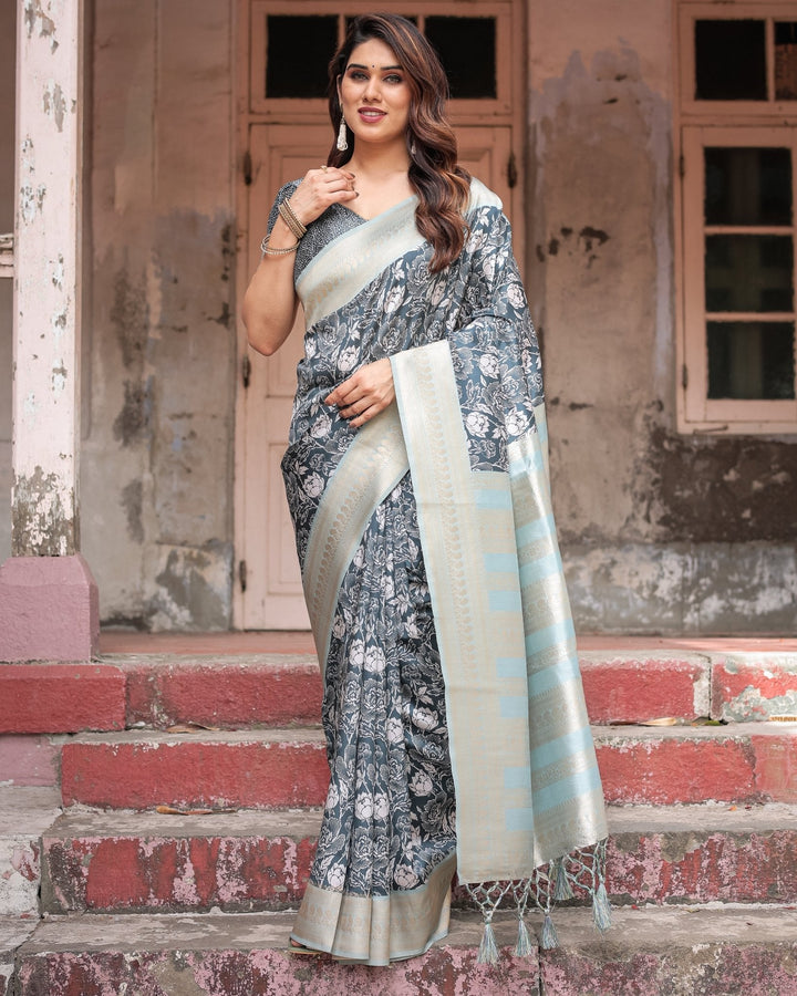 Pure Banarasi Digitally Printed Silk Saree Weaved With Zari Comes With Tassels - Almaari Fashion