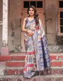 Multicolor Banarasi Silk Saree with Abstract Checkered Print & Lavender Zari Border