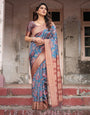 Teal Banarasi Silk Saree with Rust Zari Border and Floral Motifs