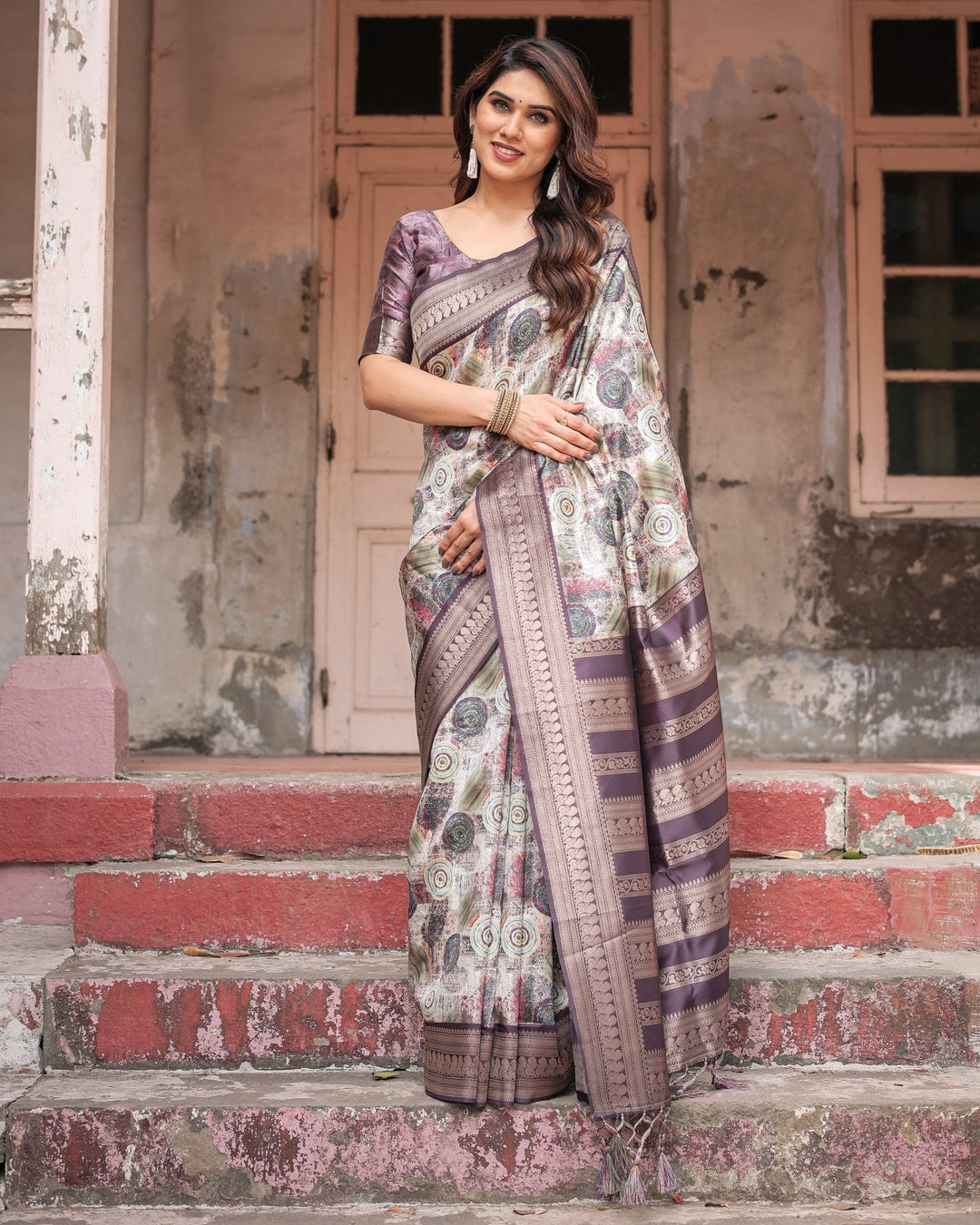 Pure Banarasi Digitally Printed Silk Saree Weaved With Zari Comes With Tassels - Almaari Fashion