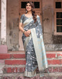 Sophisticated Floral Banarasi Silk Saree with Light Blue Zari Border