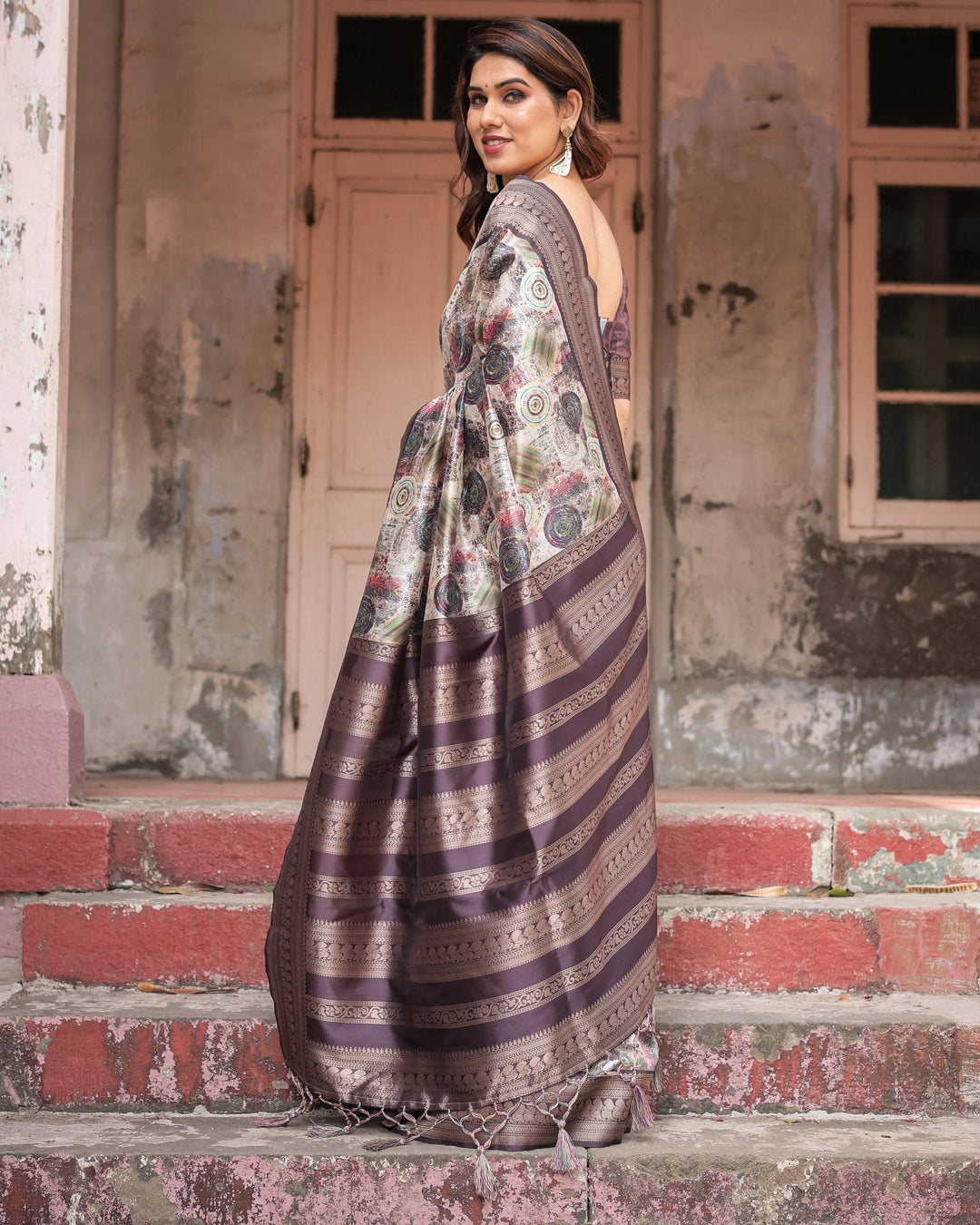 Pure Banarasi Digitally Printed Silk Saree Weaved With Zari Comes With Tassels - Almaari Fashion