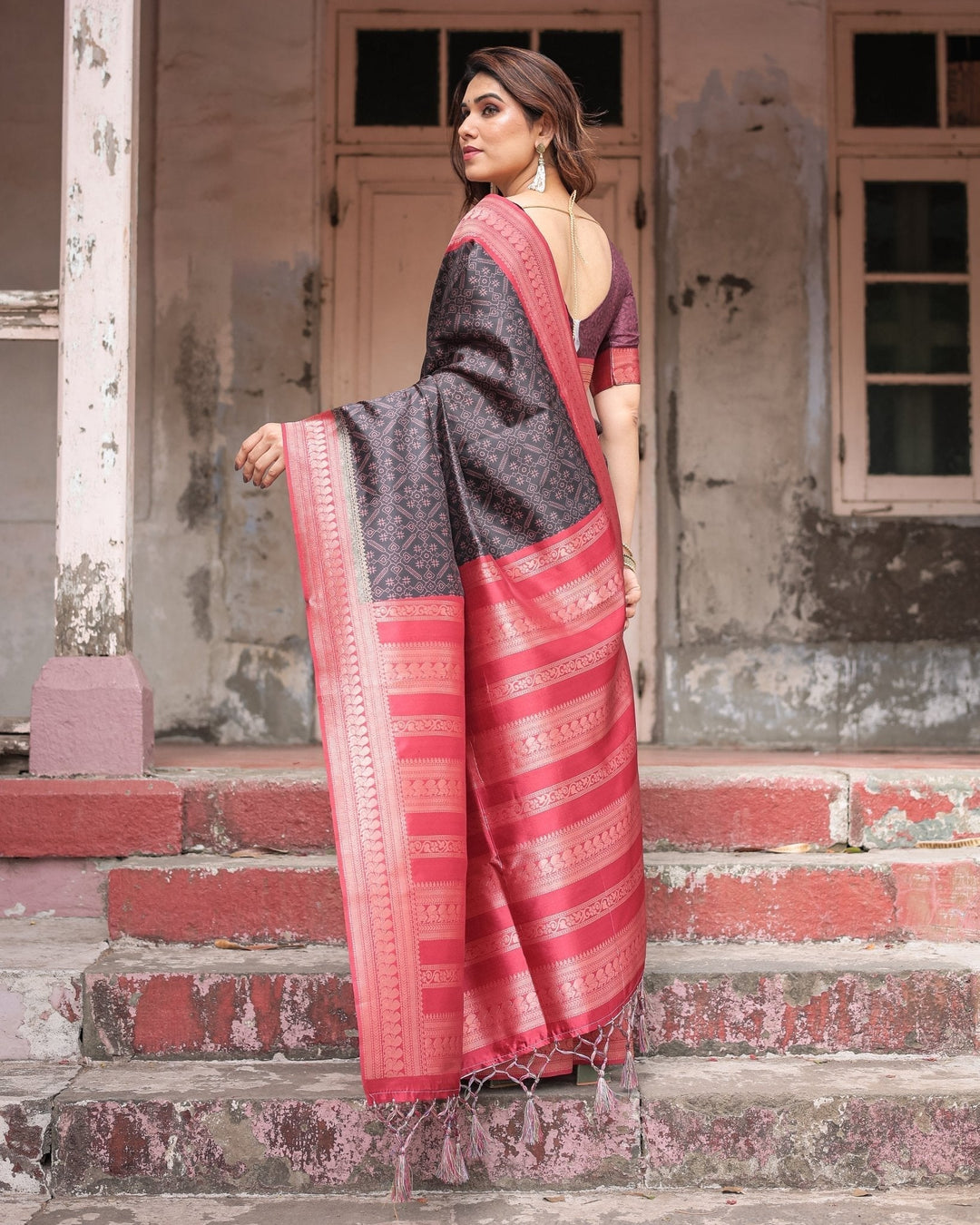 Pure Banarasi Digitally Printed Silk Saree Weaved With Zari Comes With Tassels - Almaari Fashion