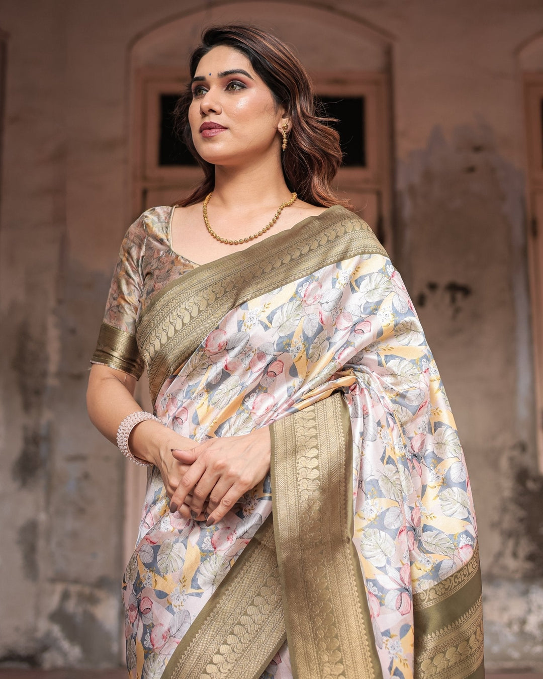 Pure Banarasi Digitally Printed Silk Saree Weaved With Zari Comes With Tassels - Almaari Fashion