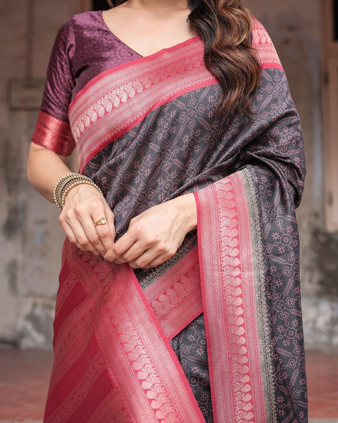 Pure Banarasi Digitally Printed Silk Saree Weaved With Zari Comes With Tassels - Almaari Fashion