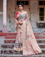 Elegant Peach Banarasi Silk Saree with Multicolor Embroidery and Tassels