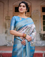 Elegant Floral Banarasi Silk Saree in Sky Blue and Blush Pink with Zari Weave and Tassels