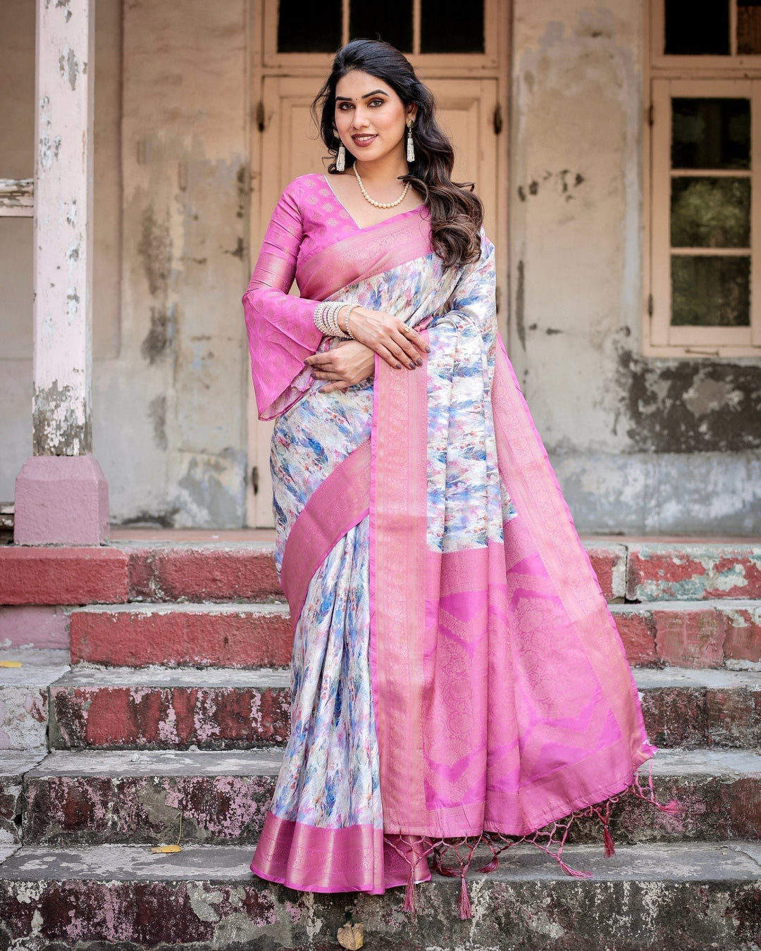 Pure Banarasi Silk Saree Weaved With Golden Zari Comes With Tassels - Almaari Fashion