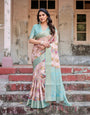 Pink and Green Floral Digital Print Banarasi Silk Saree with Zari Weave and Tassel Pallu