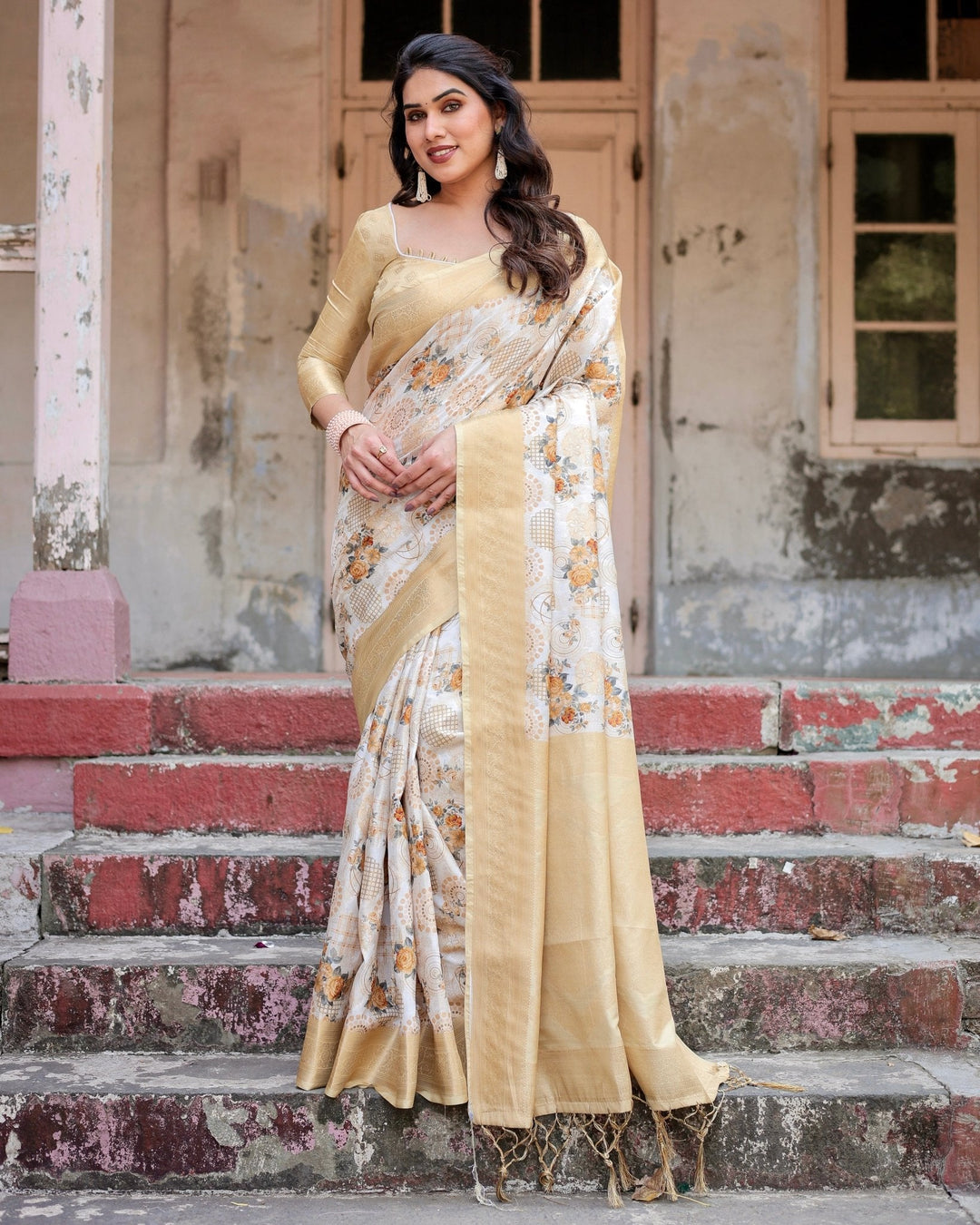 Pure Banarasi Silk Saree Weaved With Golden Zari Comes With Tassels - Almaari Fashion