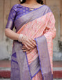 Peach and Purple Floral Digital Print Banarasi Silk Saree with Zari Weave and Tassel-Adorned Pallu