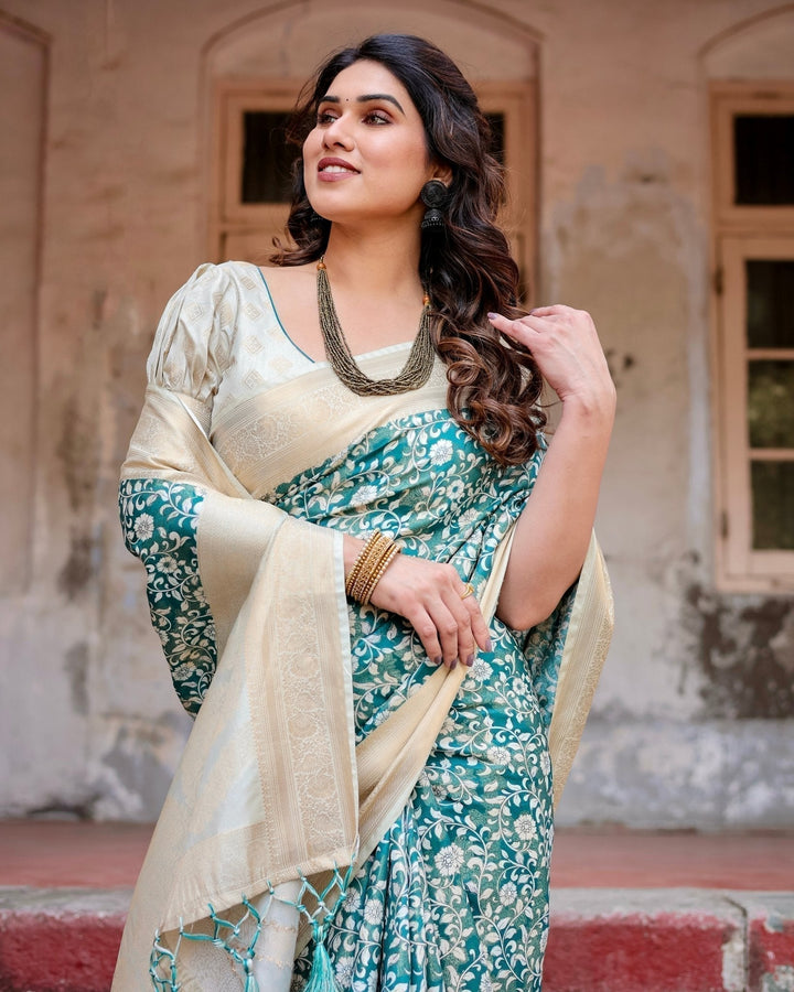 Pure Banarasi Silk Saree Weaved With Golden Zari Comes With Tassels - Almaari Fashion