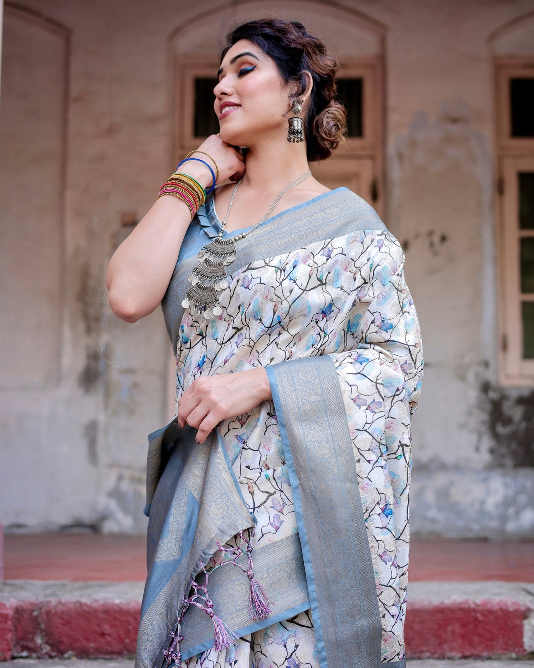 Pure Banarasi Silk Saree Weaved With Golden Zari Comes With Tassels - Almaari Fashion