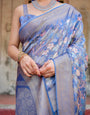 Majestic Blue Banarasi Silk Saree with Delicate Floral Zari Work and Tassel-Embellished Pallu