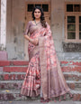 Peach and Brown Abstract Design Banarasi Silk Saree with Zari Weave and Tassel-Embellished Pallu